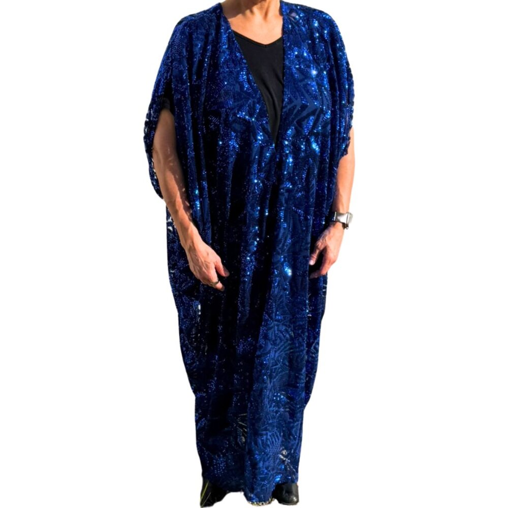 NEW Jennafer Grace Royal Blue Sequin Caftan Gown | Resort Evening | XL Oversized